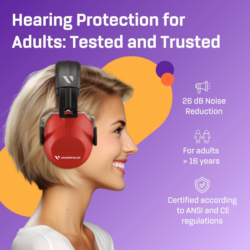 Vanderfields Premium Hearing Protection Ear Muffs - Broad Spectrum Sound Reduction 33.2dB at 2K Hz Noise Cancelling - Headset Safety Noise Cancellation - Headphones Adults and Teens - Red - Image 2